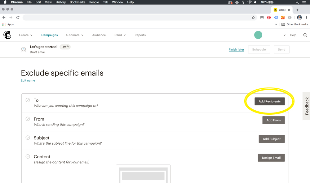 mailchimp - how to exclude emails from an audience for a campaign