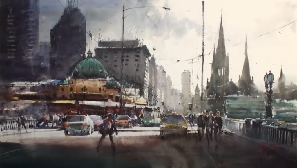 Alvaro Castagnet, Joseph Zbukvic and Herman Pekel paint Flinders Street Station Simultaneously