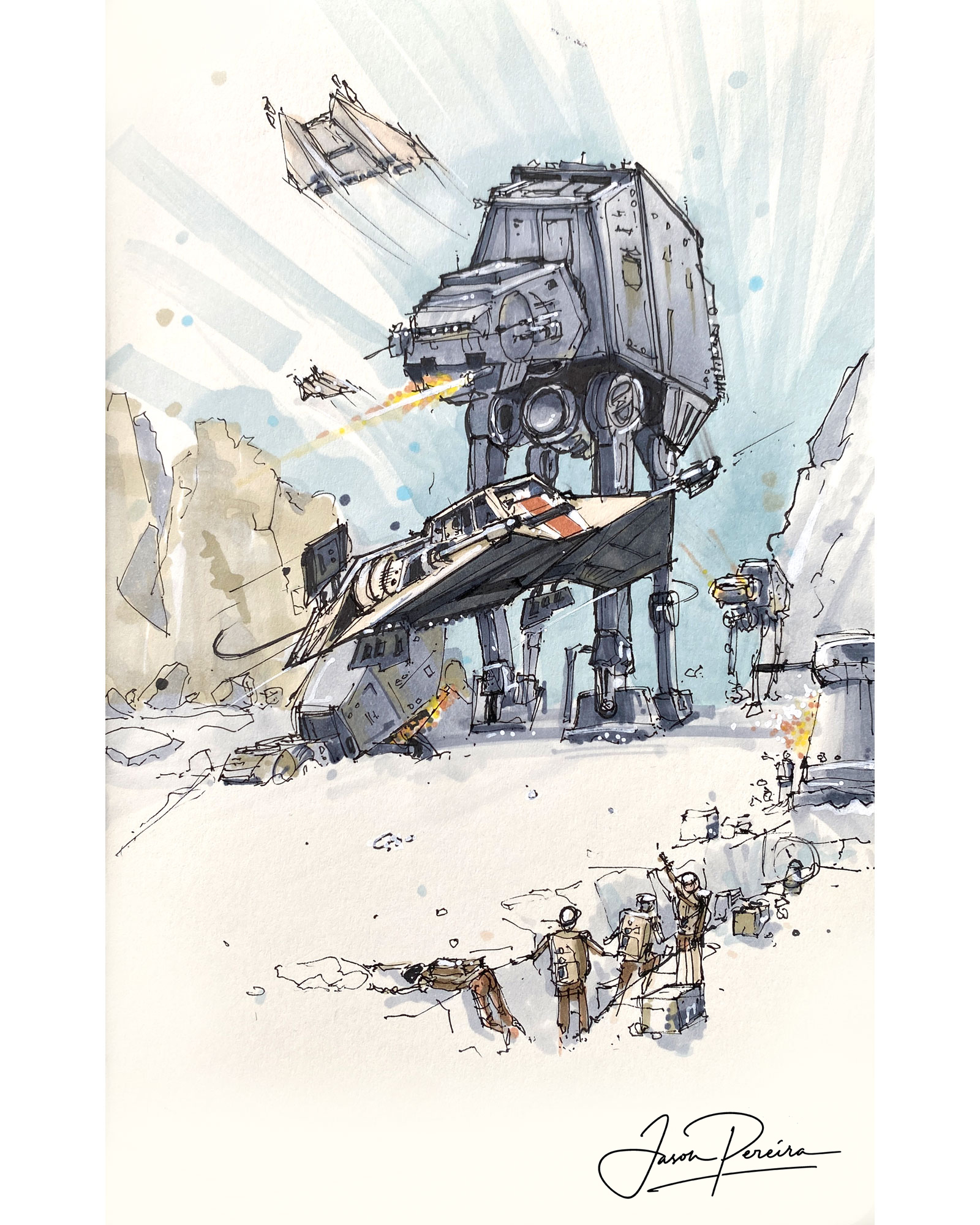 Jason Pereira, Artist. Ink and Marker. Hoth Battle scene from Starwars