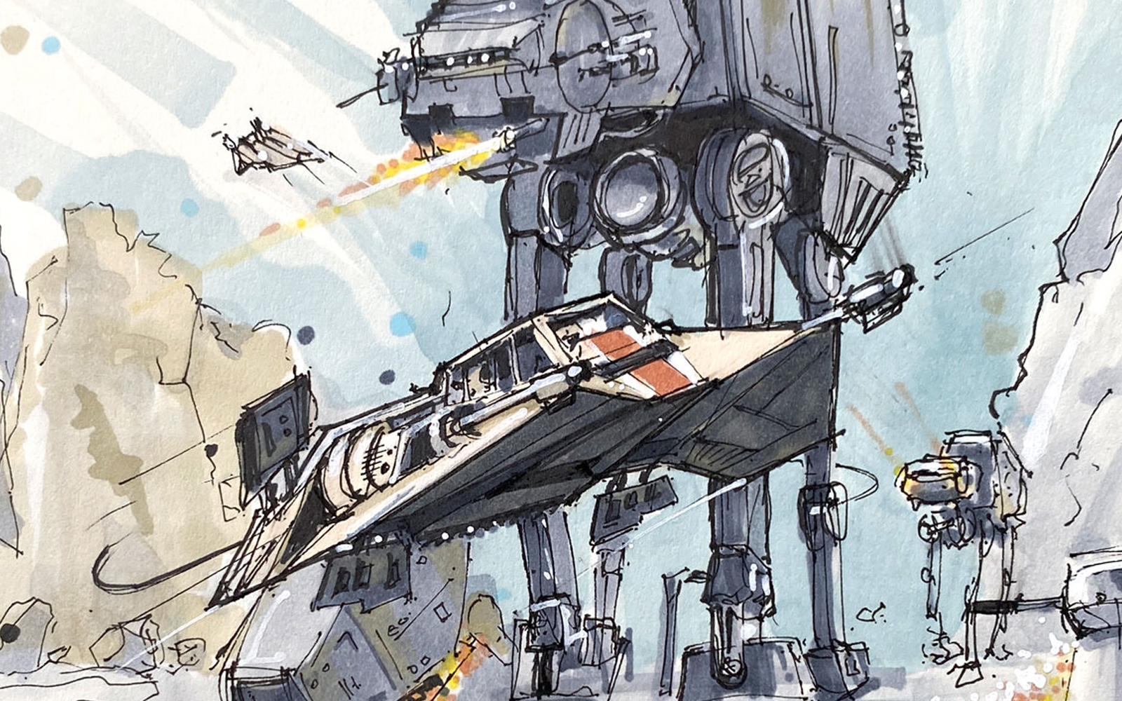Jason Pereira, Artist. Ink and Marker. Hoth Battle scene from Starwars